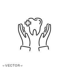 medical dental care icon, hands holding tooth with cross, oral care, dental treatment concept, thin line symbol isolated on white background, editable stroke eps 10 vector illustration