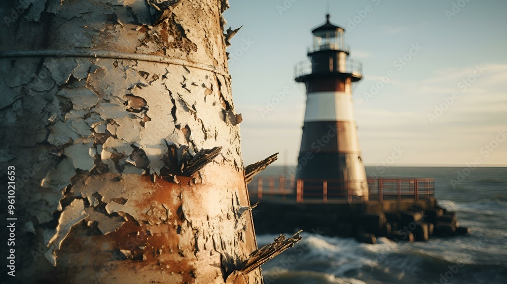 Poster a tree trunk with a lighthouse in the background.