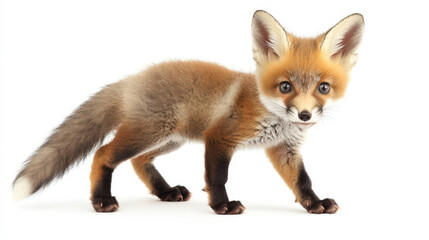 Obraz premium Curious Baby Fox Kit with Bushy Tail and Alert Ears on White Background - Playful Wildlife Portrait
