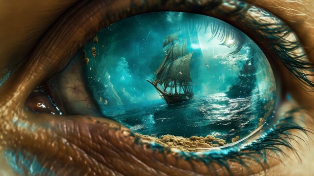 A mesmerizing surreal image depicting a sailboat reflected in the human eye, with a turbulent sea and stormy sky in the background. The composition creates a striking visual metaphor for inner turmoil