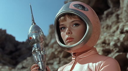 
A woman in a shiny pink spacesuit and helmet holds a retro-futuristic ray gun against a rocky alien backdrop, evoking the stylish and whimsical spirit of 1960s Italian sci-fi.