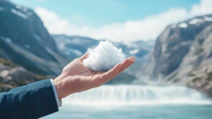 A hand holding a snowflake in front of a waterfall.