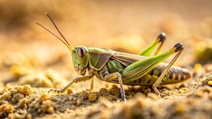 Fototapeta premium Close-up of a meadow grasshopper blending into the sandy terrain in Masovia, Poland