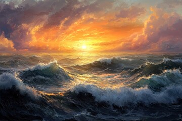 Fototapeta premium Waves in the sea and a hundred thousand sun, ai