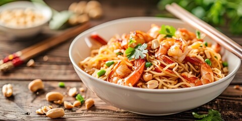 Saut&Atilde;&fnof;&Acirc;&copy;ed Rice Noodles with Shrimp and Peanuts in a Light Bowl on a Wooden Surface