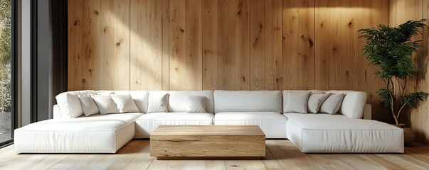 Natural wood coffee table and white corner sofa against wooden paneling wall, minimalist modern living room design, clean and stylish decor, cozy and contemporary ambiance