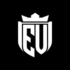 EV Letter logo shield shape inside shield badge crown on black background template design