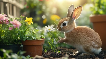A cute bunny rabbit is sniffing a small white flower in a garden.