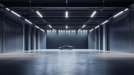 Front view grey hangar interior with spotlight and concrete floor, car background and empty stage concept. 3D Rendering, mockup.