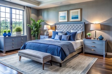 Contemporary bedroom with a stylish bed, nightstand, dresser, and throw pillows in shades of blue and gray