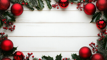 Christmas-themed background with red ornaments and holly leaves on a white wooden tabletop