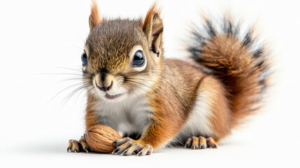 Energetic Baby Squirrel Playfully Nibbling Nut on White Background