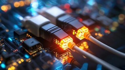 Network cables connected to a router with status lights flashing, symbolizing internet communication infrastructure
