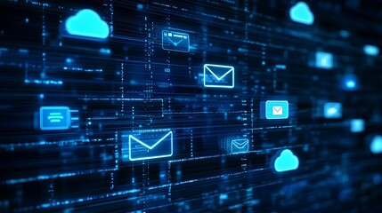 Abstract digital interface with icons of email, chat, and cloud communication services, representing seamless online interaction