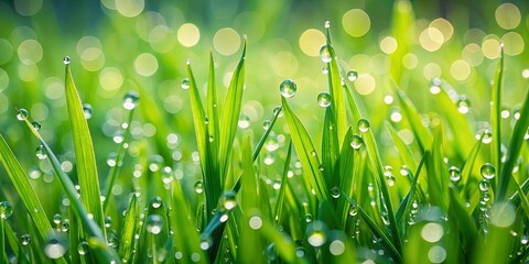 Close up view of lush green grass with dew droplets