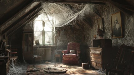 Abandoned Attic Room with Cobwebs and Sunlight.