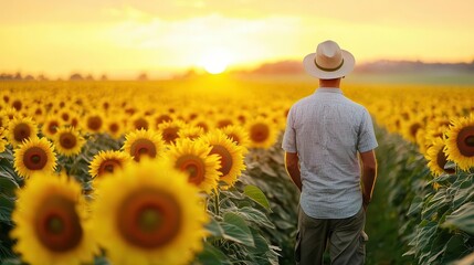 Fototapeta premium Farmer standing in a sunflower field, the warm light of the setting sun casting a soft glow over the flowers, Realism, Warm earthy tones