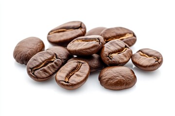 Fototapeta premium A collection of roasted coffee beans arranged on a white background.
