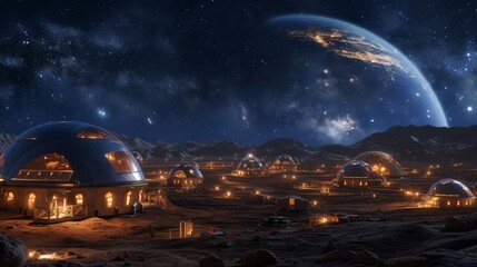 Naklejka premium A serene nighttime scene of a colony with domed habitats under a starry sky, situated on a distant planet. The glowing lights from the domes create a tranquil atmosphere amidst the cosmic backdrop.