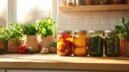 A cozy farm kitchen with jars of preserved fruits and vegetables, warm light streaming through the window, Realism, Earthy warm colors