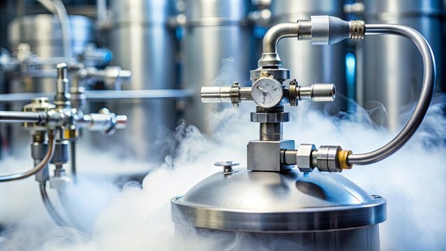 Close up of liquid nitrogen carrying pipes in a science laboratory with valve and black lever