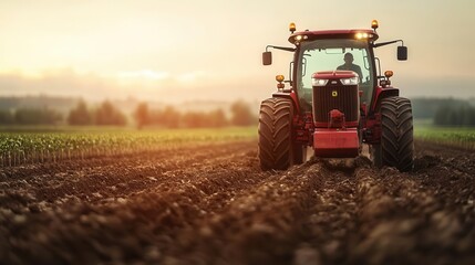 Fototapeta premium A tractor plowing a field at dawn, with the warmth of the morning sun casting a soft glow on the crops, Realism, Warm natural tones