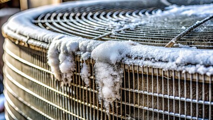 Close up of ice buildup on dirty coil cooler of malfunctioning air conditioner