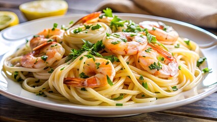 Close up of delicious shrimp scampi dish served on a white plate