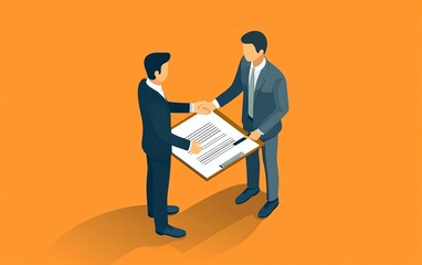 Two businessmen shaking hands after signing contract document, flat isometric 3D illustration, successful business deal, contract agreement, and management concept
