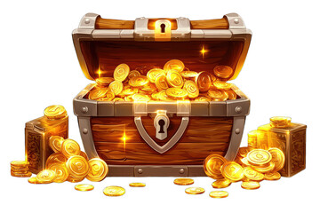 A magical treasure chest overflowing with shimmering gold coins. Perfect for concepts of wealth, adventure, and discovery.