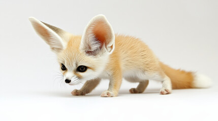 Desert Explorer - Curious Baby Fennec Fox with Large Ears and Bushy Tail on White Surface