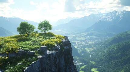 A scenic mountain view with a meadow, two trees, and a village in the distance.