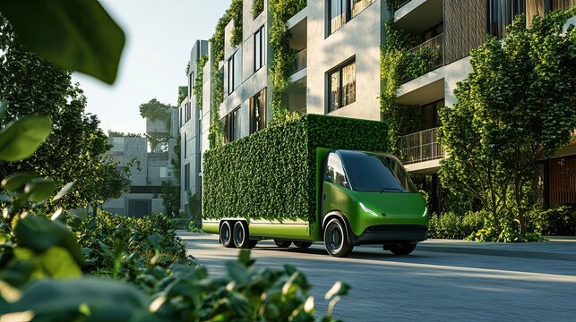 Minimalist 3D render of electric delivery truck in eco-friendly city with green energy solutions and solar panels