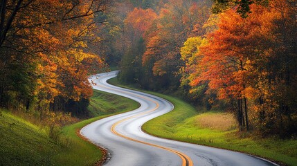 Naklejka premium A winding road through a forest with vibrant autumn foliage.