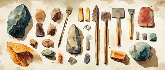 Prehistoric tools flat design top view archaeology theme watercolor Triadic Color Scheme