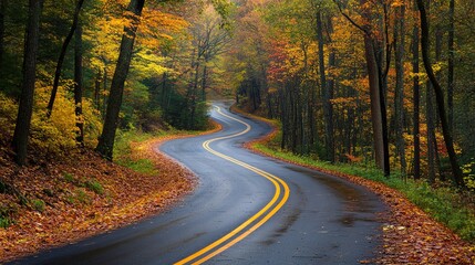 Obraz premium Winding road through colorful autumn forest.