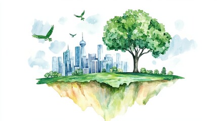 Eco-conscious corporate social responsibility flat design in watercolor with emphasis on green technologies and practices