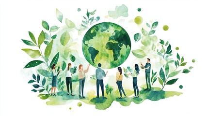 Green watercolor flat design illustrating corporate social responsibility with a focus on environmental sustainability