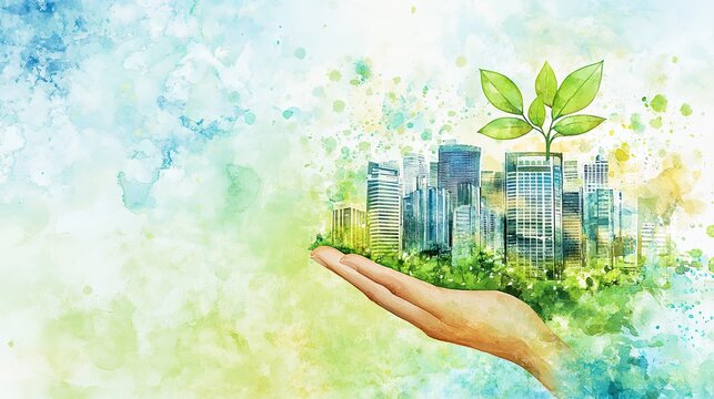 Green corporate responsibility watercolor flat design featuring eco-friendly projects and community engagement