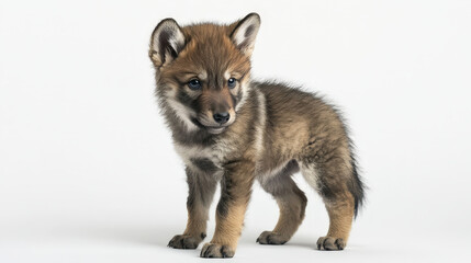 Obraz premium Adorable Baby Wolf Pup with Piercing Eyes - Captivating Image of Wild Intelligence on White Background