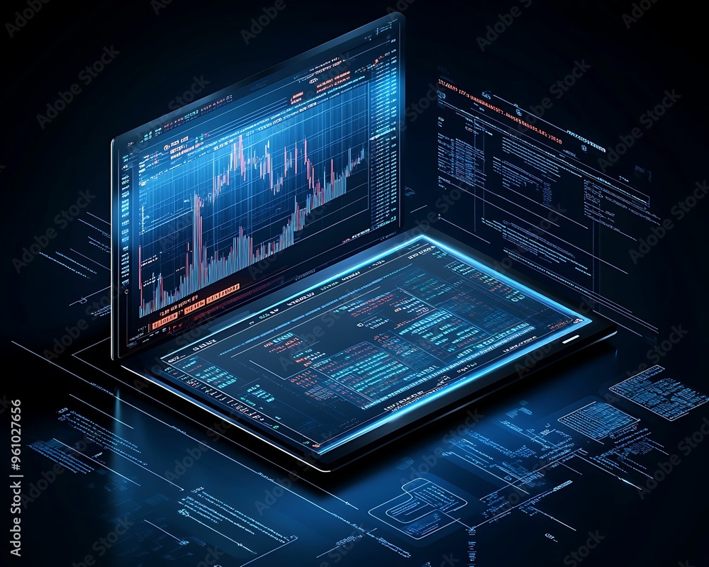 Poster unveiling the future of forex: isometric financial algorithms in digital painting style with inspira