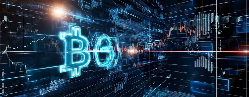 Poster exploring blockchain technology in stock market trading: abstract doodle style first person view wit