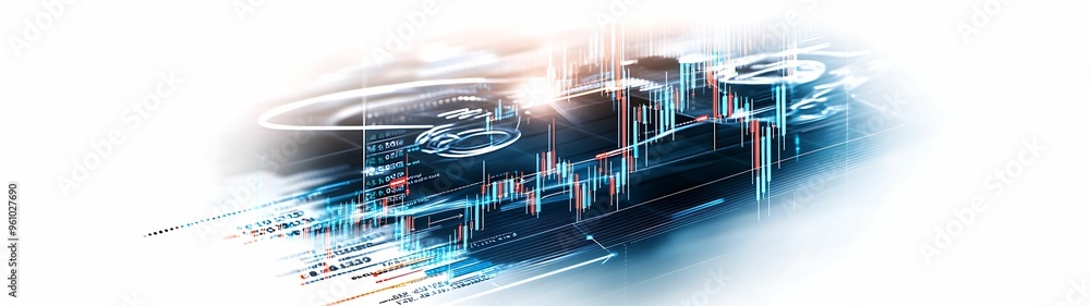 Poster illuminating quantitative stock analysis on digital board - watercolor fantasy background aerial vie