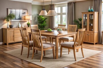 Fototapeta premium Elegant dining room furniture set made of warm, natural beech wood, capturing a modern and sophisticated aesthetic.