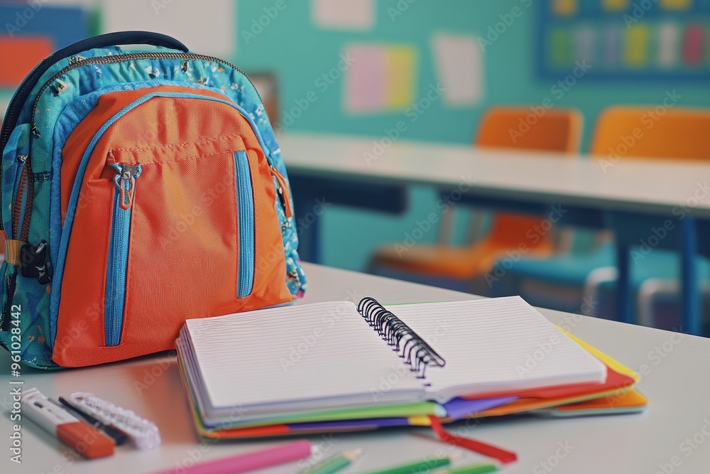 Poster a colorful backpack and an open notebook on a classroom table, ready for study.
