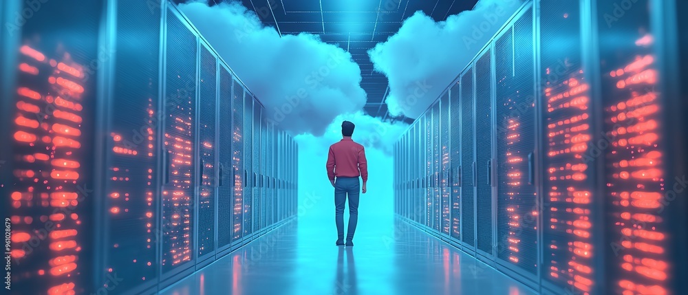 Poster 3d illustration of male figure qadir using cloud computing, modern flat design, accessing cloud stor