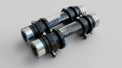 A realistic 3D render of a sidebyside fuel filter adapter