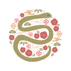 巳年年賀状素材　ヘビと椿と和風モチーフのイラスト