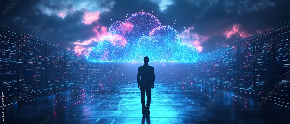Poster 3d illustration of male figure qadir using cloud computing, modern flat design, accessing cloud stor