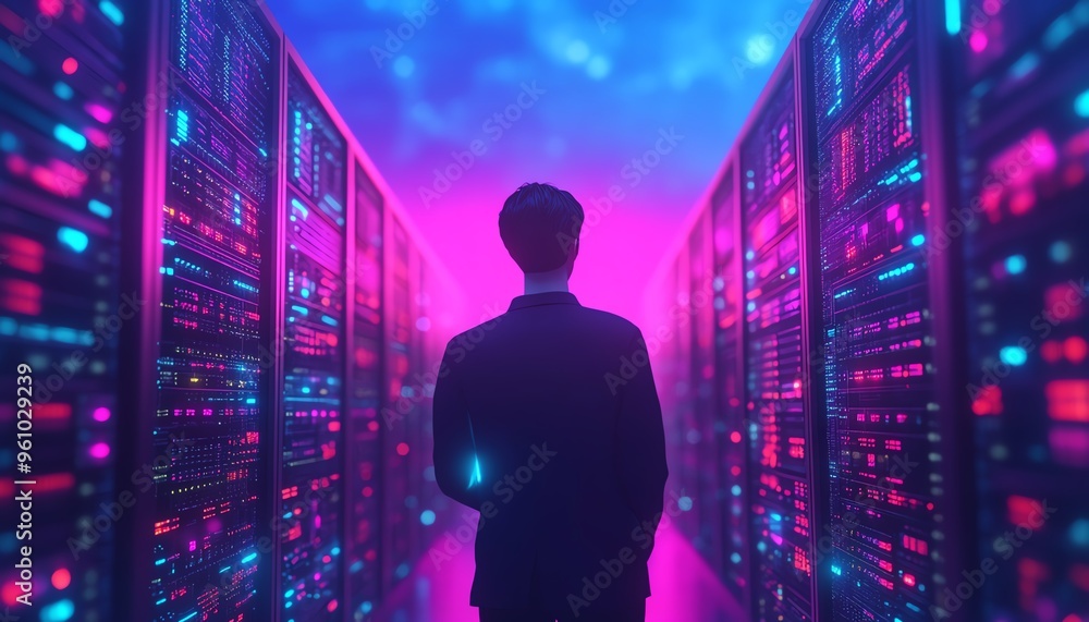 Poster 3d illustration of male figure qadir using remote servers for big data and cloud computing, analyzin
